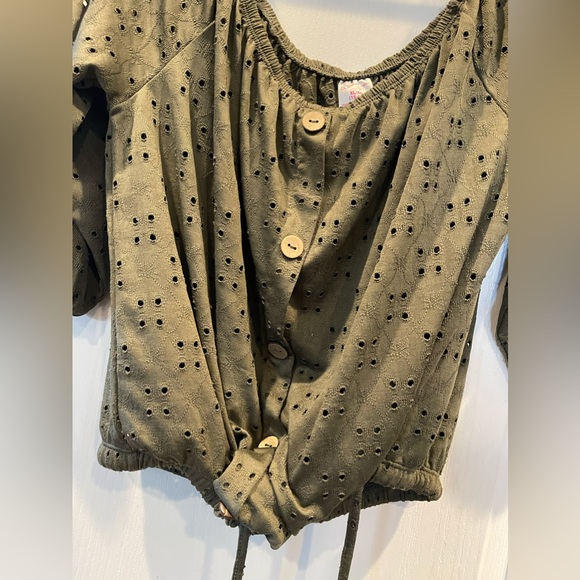 No Boundaries Perforated Drawstring Blouse with Wooden Button Design Olive Green - Picture 3 of 6